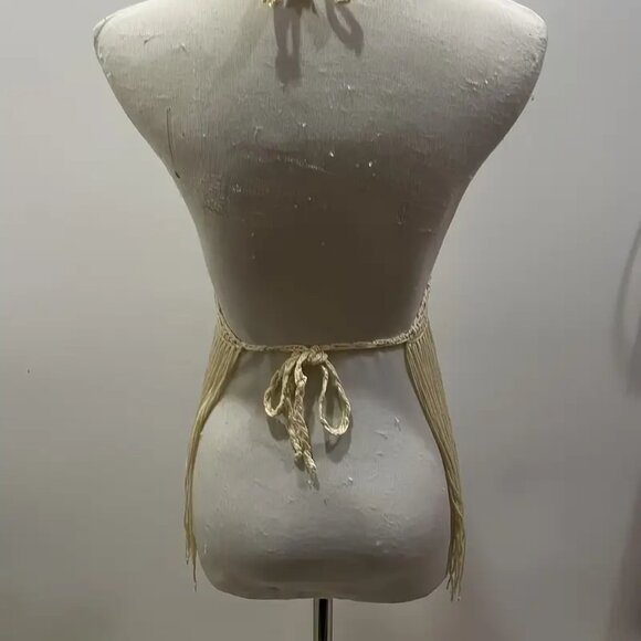 Beige Handmade Crochet Backless Halter Triangle Top With Fringes - Picture 6 of 6